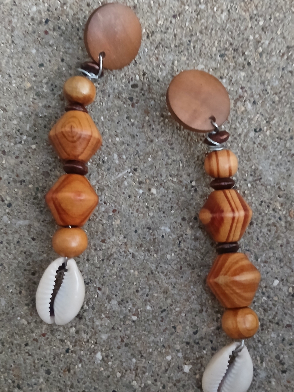 Wood Bead and Shell Dangle Earrings - Brown